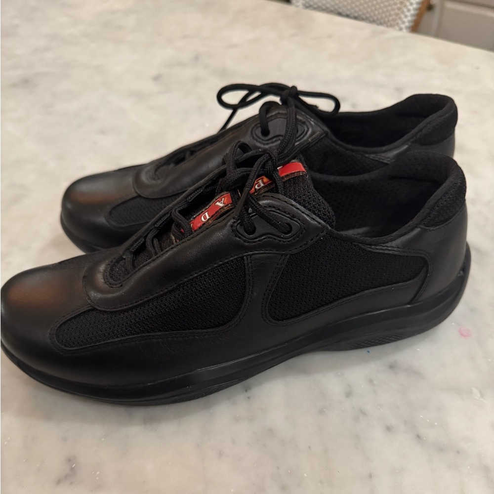New Prada Black Leather Sneakers with Red Detail sz 41.5